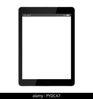 Realistic illustration of black tablet with white touch screen with battery, wifi and cellular network symbols, with glare, isolated on white backgrou Stock Vector