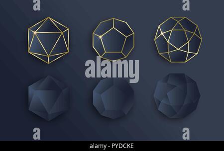 Luxury gold and dark blue paper element set, golden color frame collection in geometric style. Elegant template designs for invitation or premium prod Stock Vector