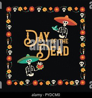 Day of the dead greeting card illustration for traditional mexico culture holiday celebration with sugar skulls and mexican decoration. Stock Vector