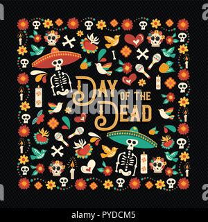 Day of the dead greeting card illustration for traditional mexico culture holiday celebration with sugar skulls and mexican decoration. Stock Vector