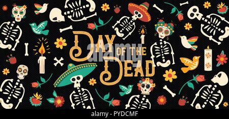 Day of the dead sugar skull banner for mexican celebration, traditional mexico skeleton decoration with typography and colorful art. Stock Vector