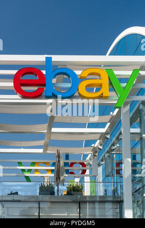 SAN JOSE, CA/USA - OCTOBER 21, 2018: eBay corporate headquarters logo and sign. eBay Inc. is an American multinational e-commerce corporation. Stock Photo