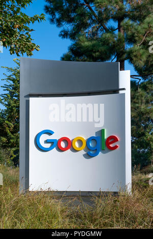 MOUNTAIN VIEW, CA/USA  OCTOBER 21, 2018: Google corporate headquarters and logo. Google is an American multinational technology company that specializ Stock Photo