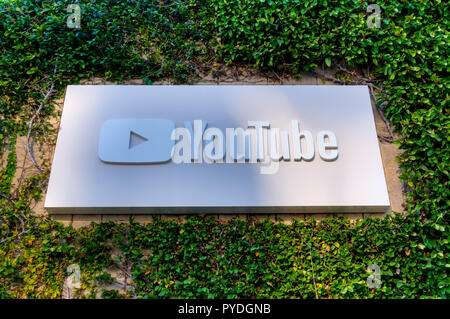 SAN BRUNO, CA/USA - OCTOBER 21, 2018: YouTube corporate headquarters sign and exterior. YouTube is an American video-sharing website. Stock Photo