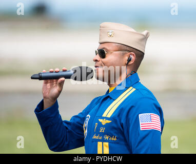 US Navy Blue Angels Lieutenant Commander Andre Webb speaking to the crowd at the Rhode Island National Guard Airshow. Stock Photo