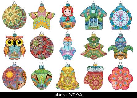 Set of christmas decorations zentangle styled for t-shirt design, tattoo and other decorations Stock Vector