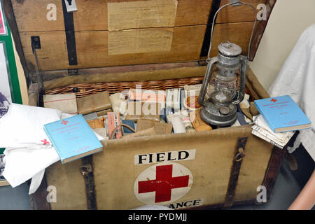 Red Cross first aid box at the We'll Meet Again WW2 Museum, Freiston, Freiston Shore, Lincolnshire, England, UK Stock Photo