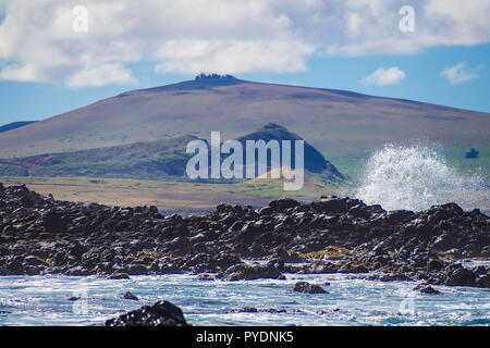 Poike volcano and Rano raraku volcano in Easter island Stock Photo