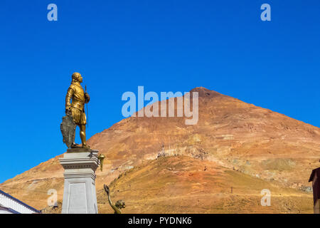 Potosi (UNESCO) in Bolivia - the world's highest city (4070m). Panoramic view over the city and the colored mountain, Cerro Rico with the working silv Stock Photo