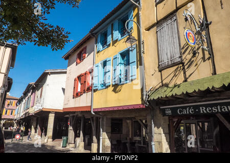 Town,of,Mirepoix,is,a,commune,in,the,Ariege,department,South,of,France,with,famous,arcaded,market,square,Les Couverts,half,timbered,wooden,buildings, Stock Photo