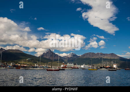 Ushuaia from the sea with ships and mountains, Patagonia in Argentina. Mount Oliva in the back Stock Photo