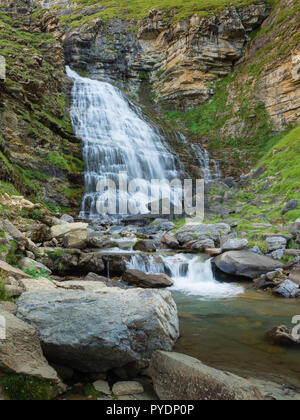 Waterfalls in Ordesa and monte perdido national park in Pyrinees range in Spain, Huesca, Cola de Caballo Stock Photo