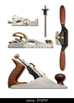 A selection of precision carpentry hand planes on a white backdrop, with drop shadows Stock Photo