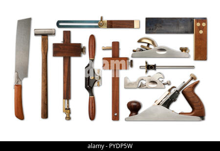 A selection of precision carpentry tools on a white backdrop, with drop shadows Stock Photo