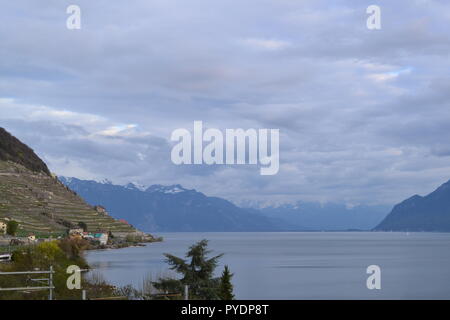 Lake Geneva (Lac Leman) pictured from Cully, Vaud, Switzerland. Note wine terraces on left for vineyards. April 2018. Cully hosts a jazz festival Stock Photo
