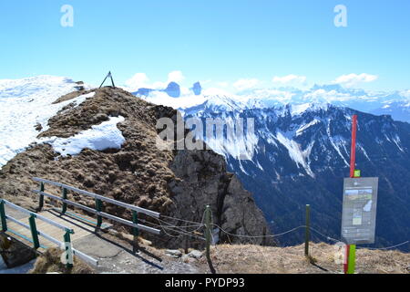 View from Les Rochers de Naye, reached by MOB train from Montreux. To west is Lake Geneva, Lausanne. To east famous peaks including Eiger, Monch etc Stock Photo
