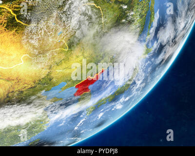 North Korea on model of planet Earth with country borders and very ...