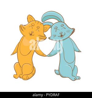 Cute bunny and kitty holding hands together. Pet shop characters isolated on white background. Kid friendship. Stock Vector