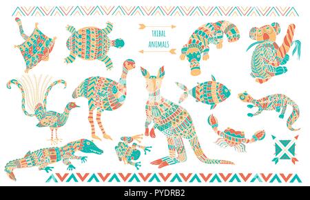 Australian stylized animals set isolated on white background. Stylized tribal animals isolated on white background. Stock Vector