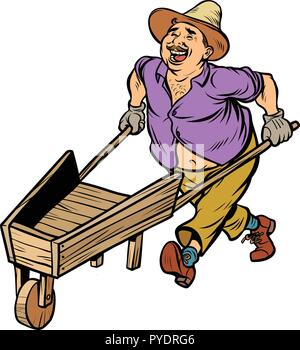 farmer, man with a wooden wheelbarrow. Isolated on white background. Comic cartoon pop art retro vector illustration drawing Stock Vector