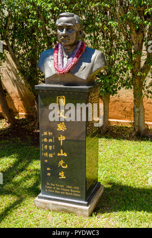 Dr. Sun Yat-Sen Statue Outside Wo Hing Museum on Front Street, Lahaina, Maui, Hawai‘i Stock Photo