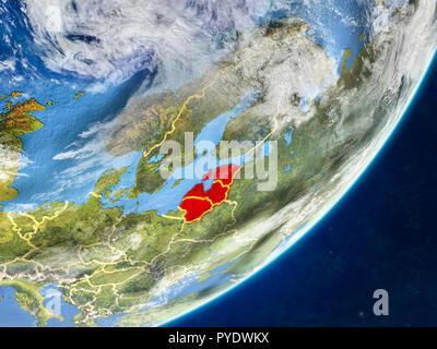 Baltic States on model of planet Earth with country borders and very detailed planet surface and clouds. 3D illustration. Elements of this image furni Stock Photo