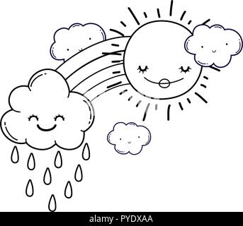 clouds and rainbow cartoon in black and white Stock Vector