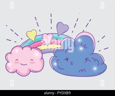 kawaii fluffy clouds with rainbow and hearts Stock Vector Image & Art ...