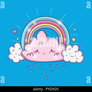rainbow with kawaii fluffy clouds and stars Stock Vector Image & Art ...