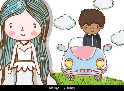 woman with gown and man in the car with clouds Stock Vector