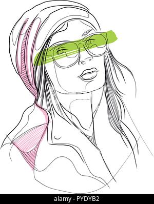 Hand drawn vector illustration or drawing of a woman face with sunglasses Stock Vector
