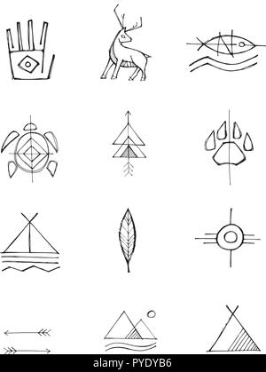 Hand drawn vector illustration or drawing of some native american symbols Stock Vector