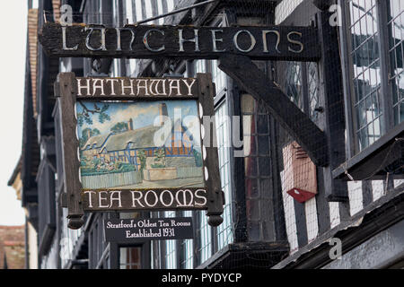 Hathaway tea rooms sign, High Street, Stratford upon Avon, Warwickshire, England Stock Photo