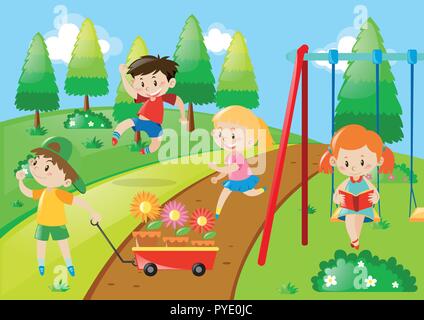 Children playing in park illustration Stock Vector