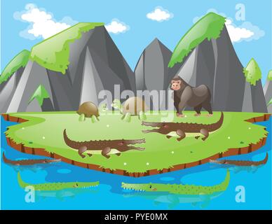 Crocodiles and other animals on island illustration Stock Vector