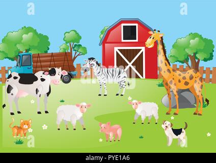 Many farm animals in the farmyard illustration Stock Vector Image & Art ...