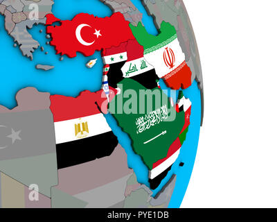 Middle East with embedded national flags on simple political 3D globe. 3D illustration. Stock Photo