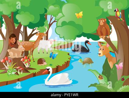 Forest scene with many types of animals illustration Stock Vector