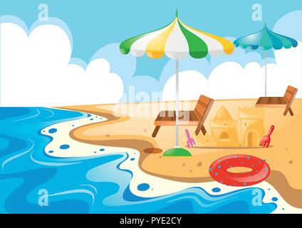 Beach scene with chairs and umbrellas illustration Stock Vector