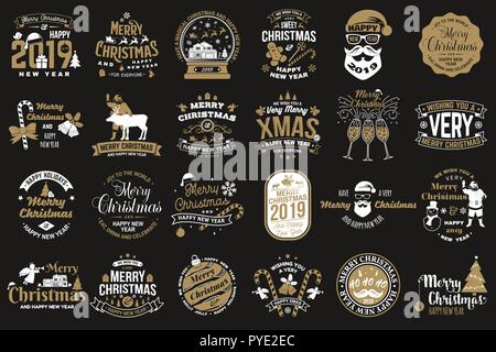 Set of Merry Christmas and 2019 Happy New Year stamp, sticker Set quotes with snowflakes, snowman, santa claus, candy, sweet candy, cookies. Vector. For christmas and new year greeting cards, emblem Stock Vector