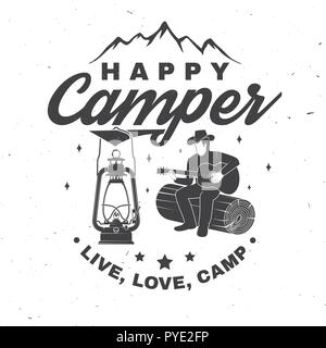 Happy camper. Vector illustration. Concept for shirt or logo, print, stamp or tee. Vintage typography design with camp lantern, man with guitar and mountain silhouette. Live, love, camp. Stock Vector