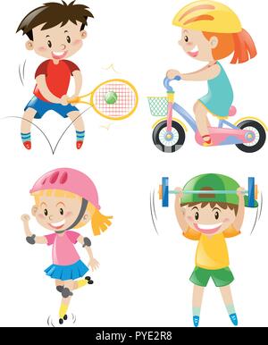 Boys and girls doing different exercise illustration Stock Vector