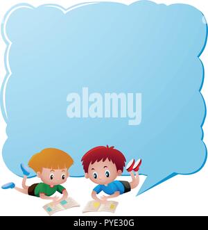 Border template with two boys reading books  illustration Stock Vector