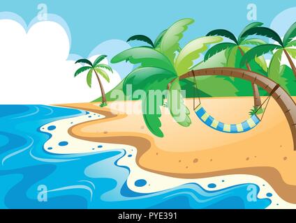 Ocean view with hammock on coconut tree illustration Stock Vector