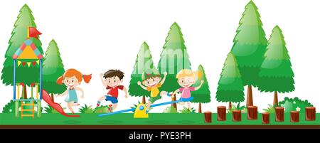 Four kids playing in playground illustration Stock Vector