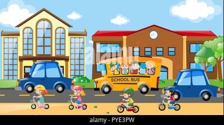 Children riding on bike and bus  illustration Stock Vector