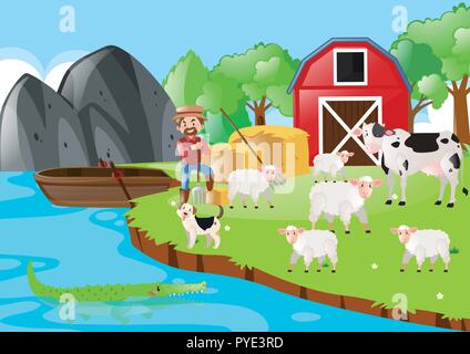 Farmer and animals in the farm illustration Stock Vector