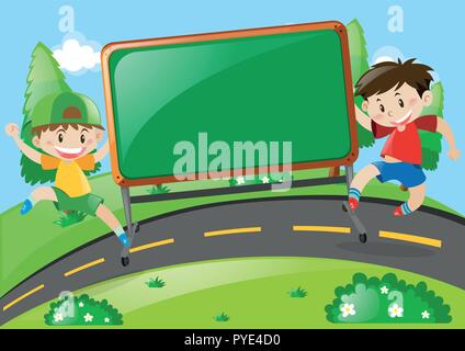 Board design with two boys on the road illustration Stock Vector