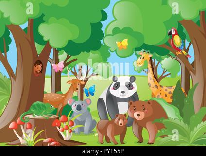Wild animals in the jungle illustration Stock Vector