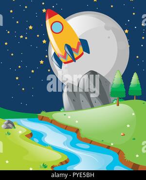 Nature scene with spaceship flying in the sky illustration Stock Vector